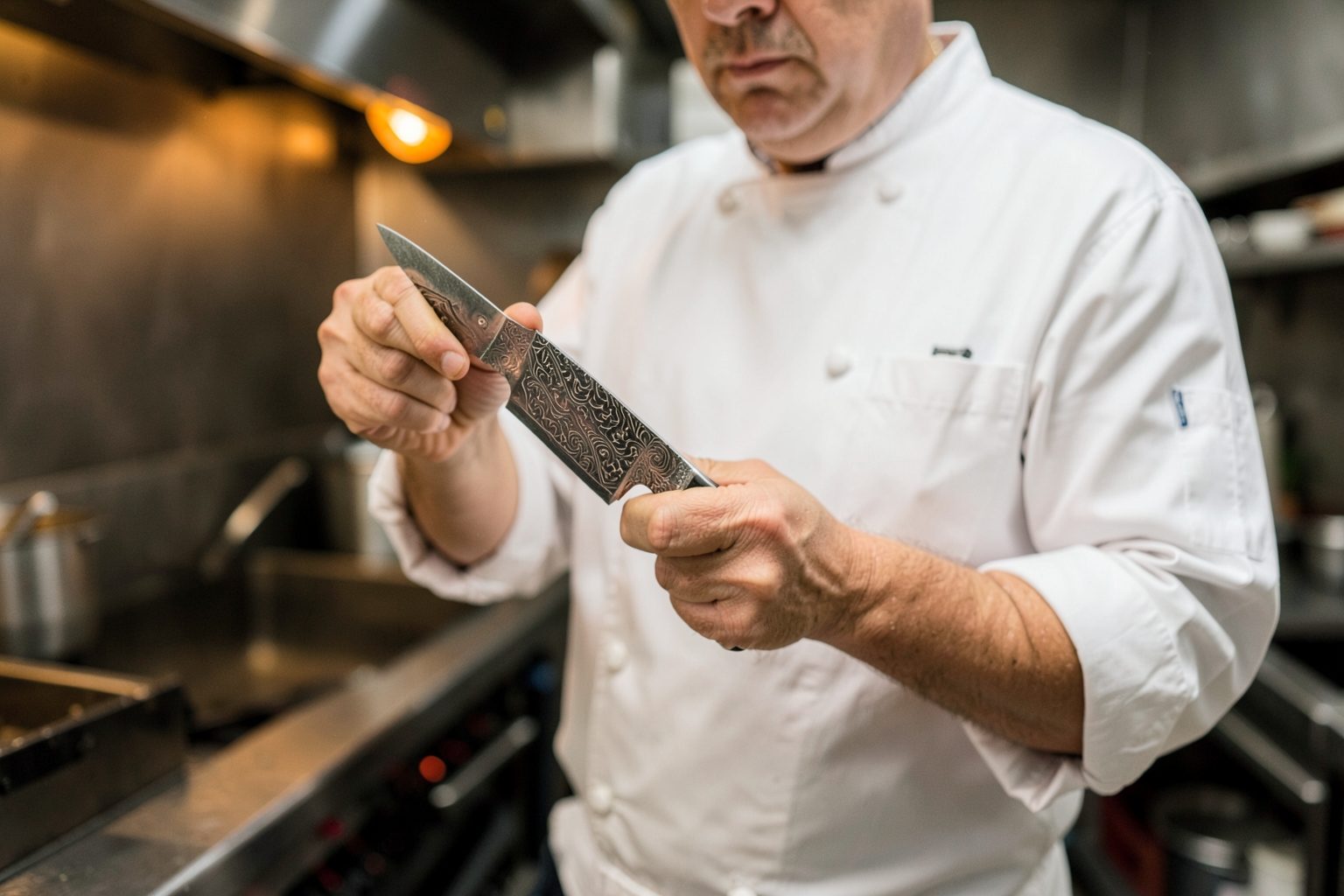 A cook in a white jacket holds a patterned blade up to the light at a steel pass in a busy kitchen
