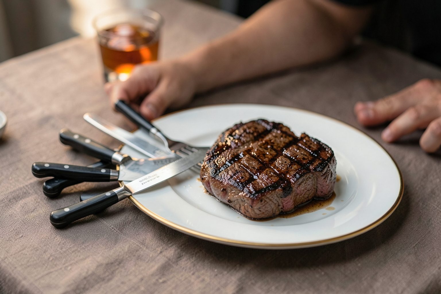 Five steak knives with black handles fanned out beside a grilled steak on a white plate, on a linen tablecloth
