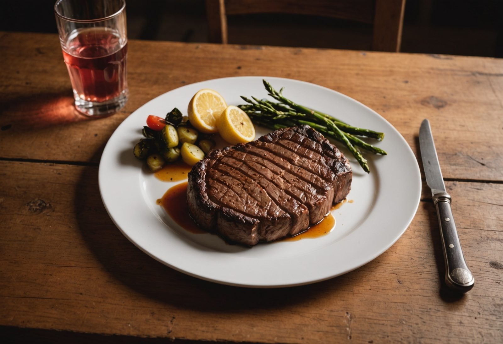 A grilled steak with lemon and vegetables on a white plate, no knife in the frame