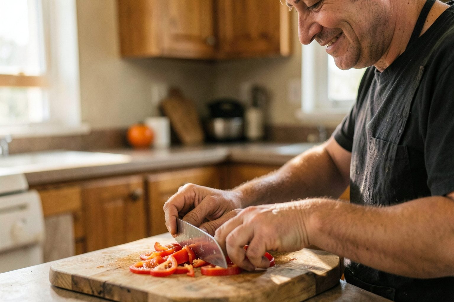 A home cook slicing red peppers with a chef's knife on a wooden board