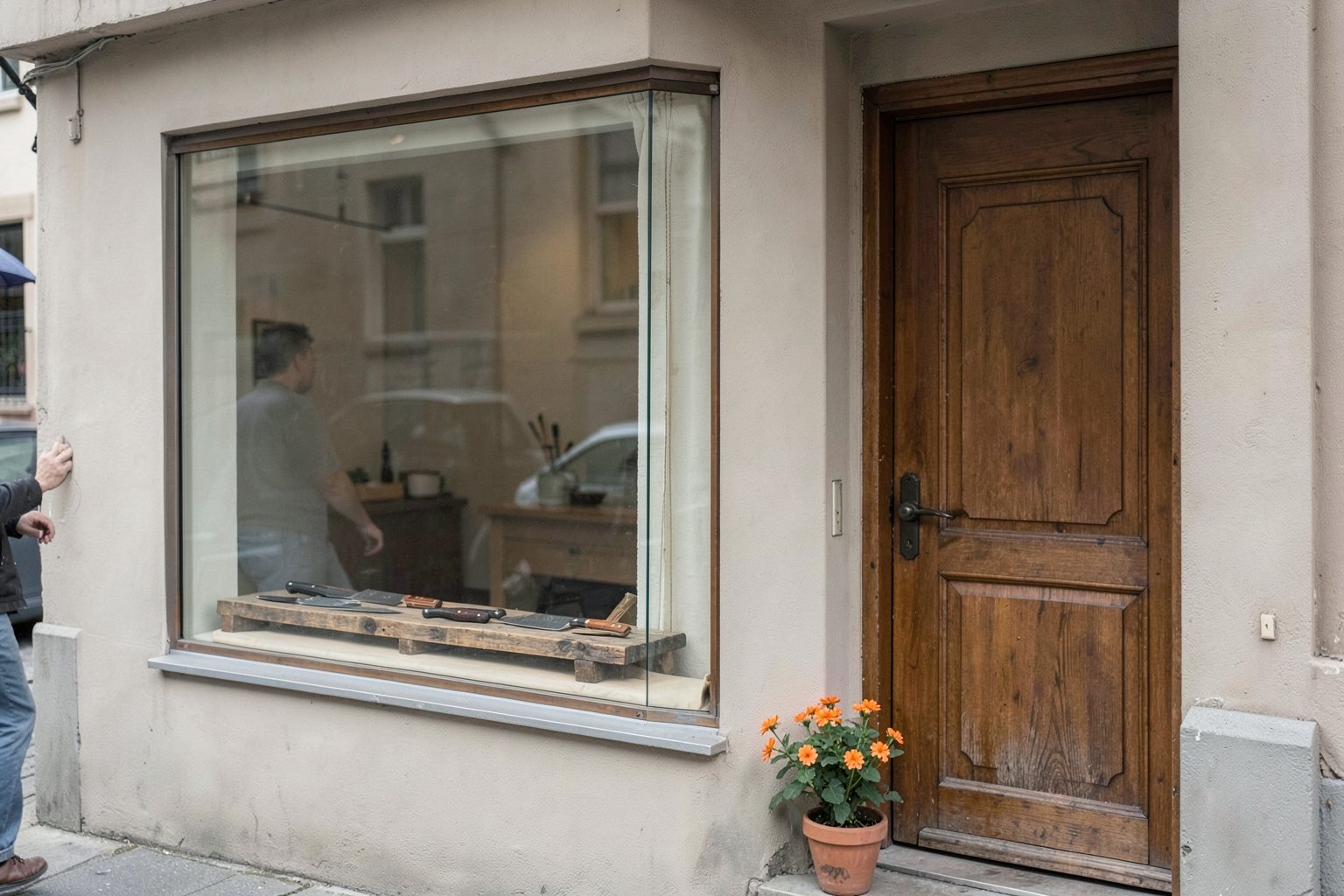 A quiet small shop front with a display window showing knives on a timber shelf