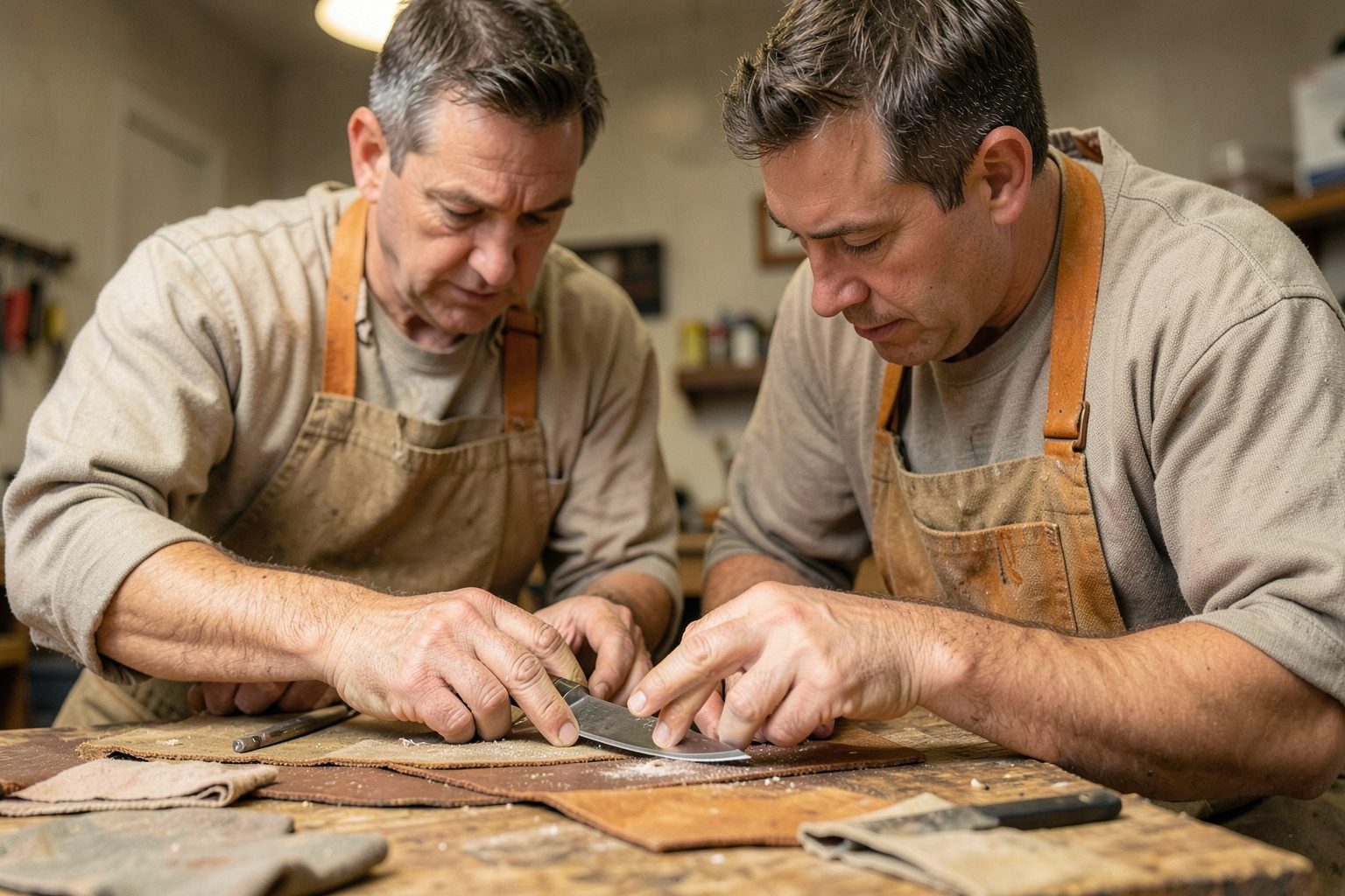 Two people in aprons at a workbench, one looking closely at a blade